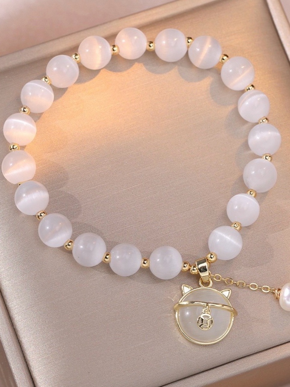 2384- Cat's Eye Bead Bracelet with Gold Cat Coin Charm & Pearl Drop – Elastic